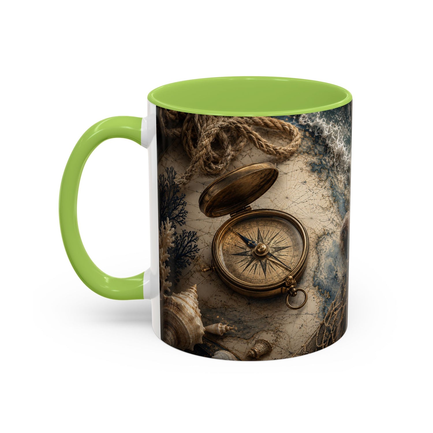Nautical Compass Accent Coffee Mug – Vintage Sea Shells &amp; Compass Travel Design (11oz)