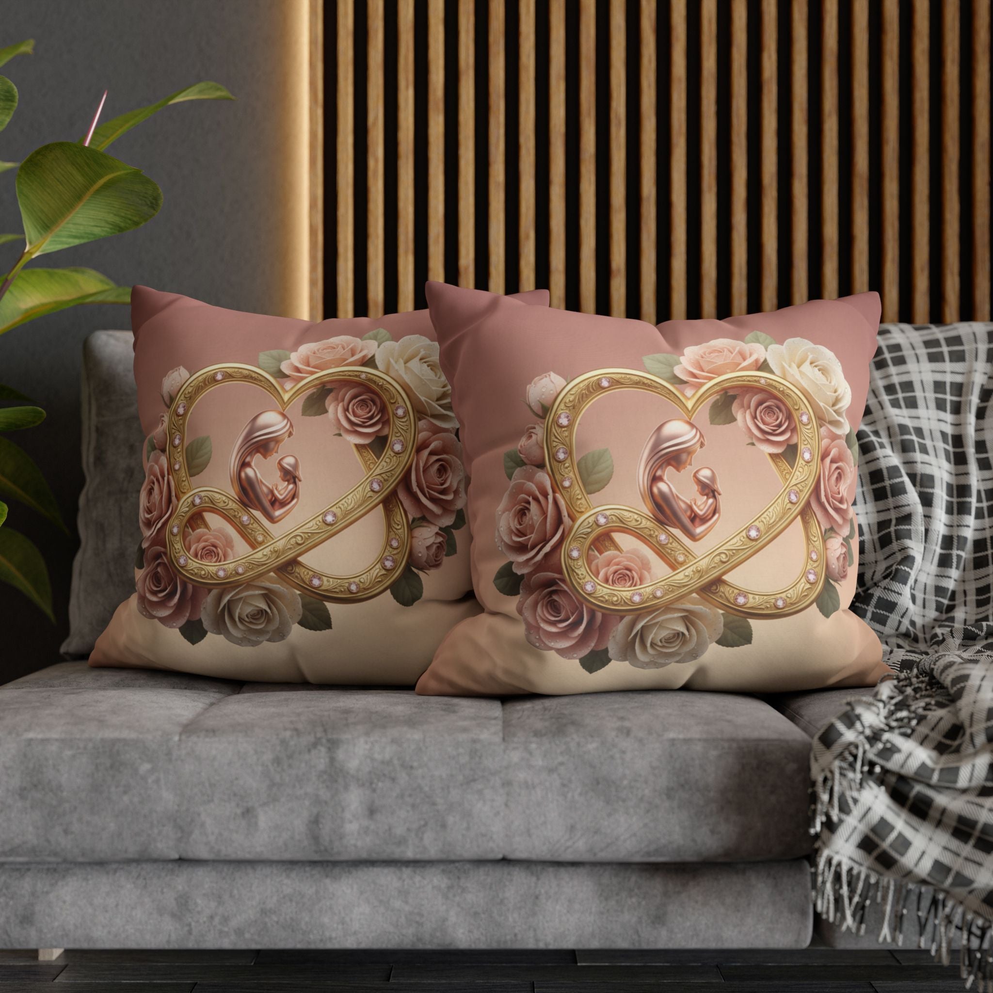 Mother &amp; Baby Heart Decorative Pillowcase — Floral Rose Infinity Design