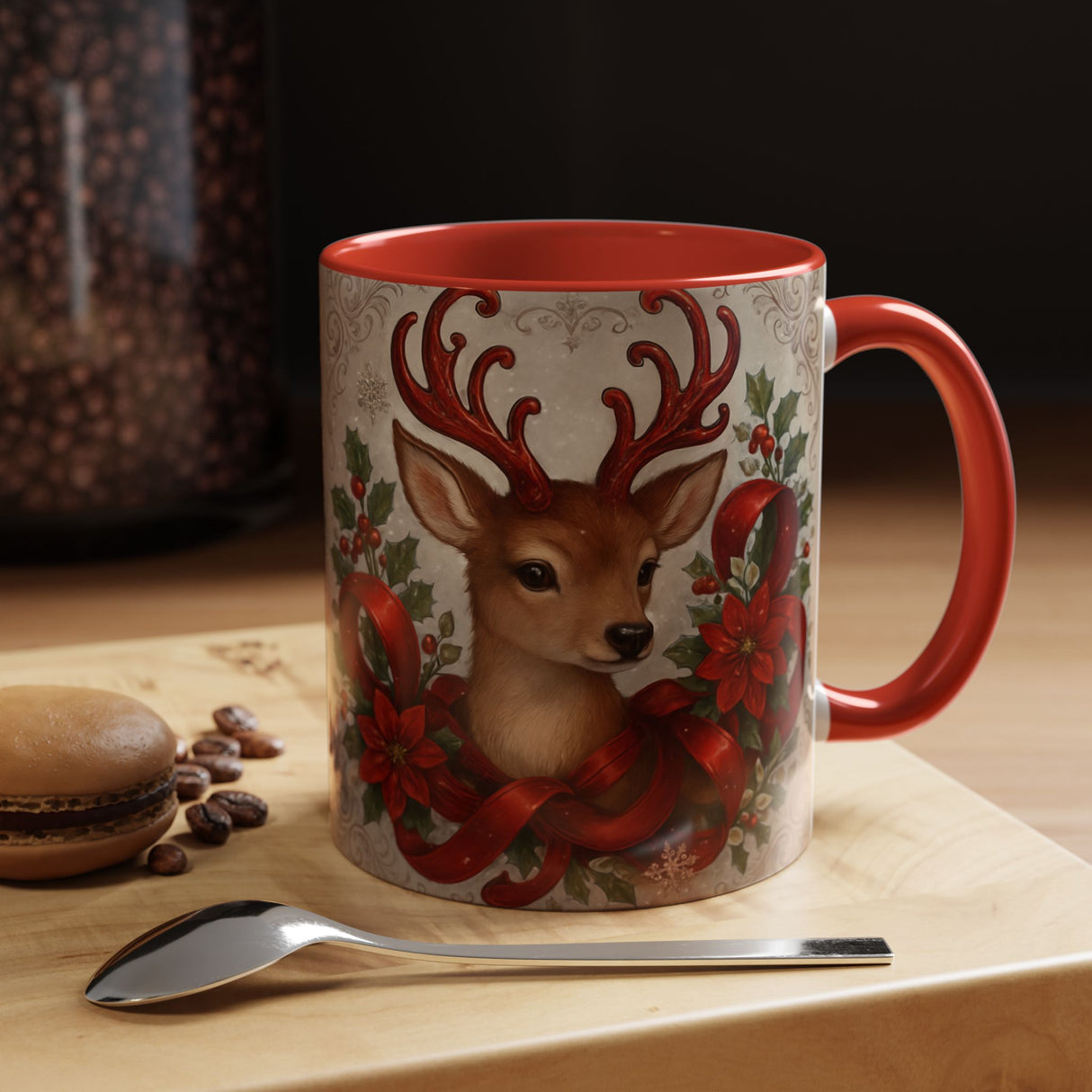Christmas Reindeer Coffee Mug with festive poinsettia design, showcasing a cute deer amidst holiday decorations.