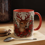 Christmas Reindeer Coffee Mug with festive poinsettia design, showcasing a cute deer amidst holiday decorations.