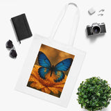 Blue Butterfly Cotton Tote — Nature Floral Reusable Shopper Bag, showcasing its design with water droplets on the fabric for a fresh look.