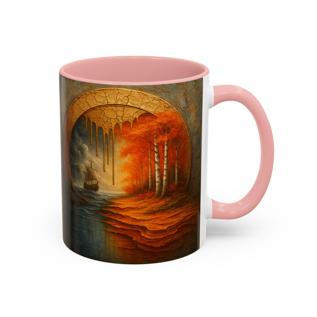 Autumn Portal Coffee Mug on a table with an autumn setting and leaves.