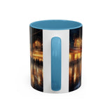 Elegant Nighttime Cityscape Coffee Mug being filled with coffee, highlighting its vibrant colors for coffee lovers.
