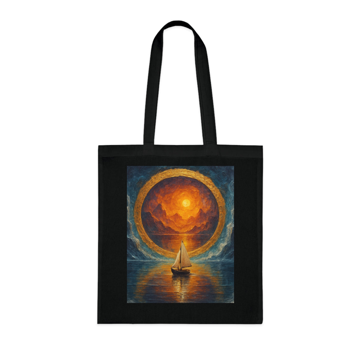 Sailboat Sunset Tote Bag – Showcasing the tote in a beautiful interior setting, complementing the artistic ocean theme.