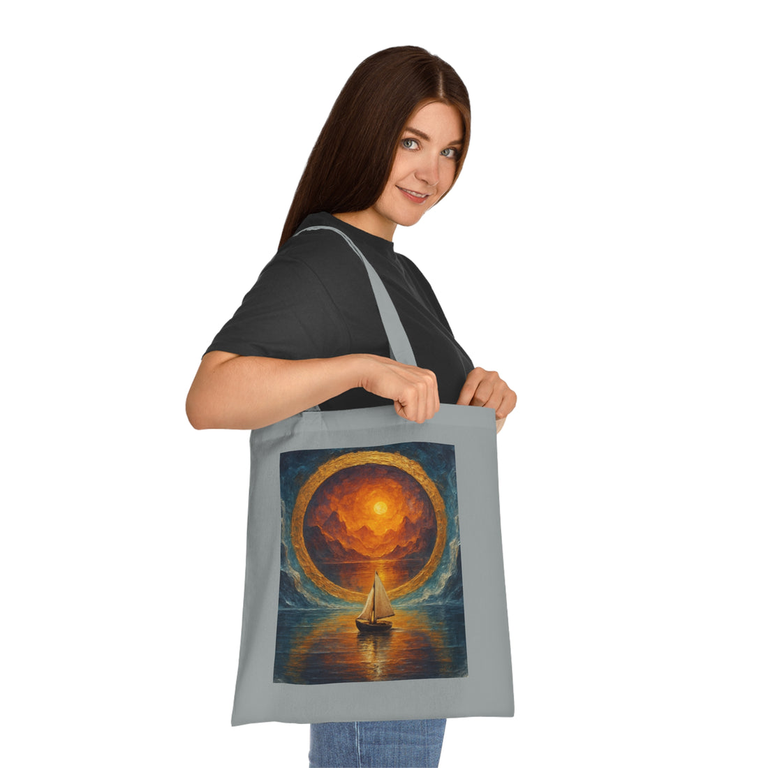 Sailboat Sunset Tote Bag – Close-up of the tote detail highlighting the high-quality cotton fabric and reinforced handles.