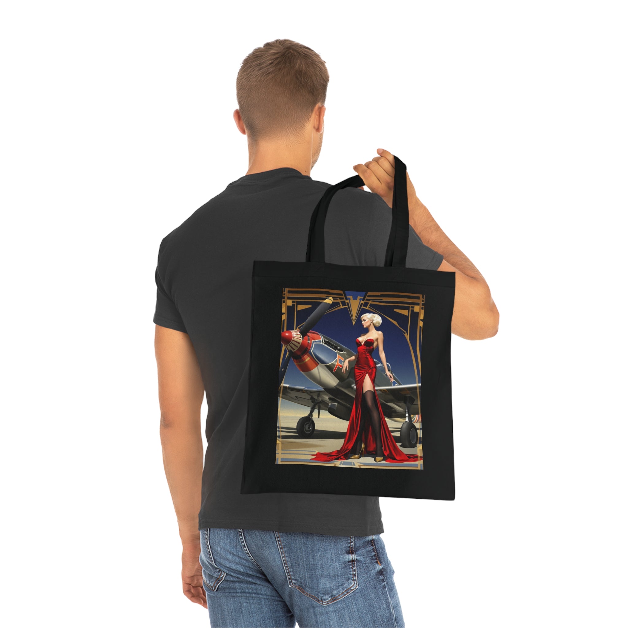 Vintage Pin-Up Plane Tote — Red Dress Aviation Cotton Tote Bag featuring a glamorous woman in red gown with a vintage propeller plane.