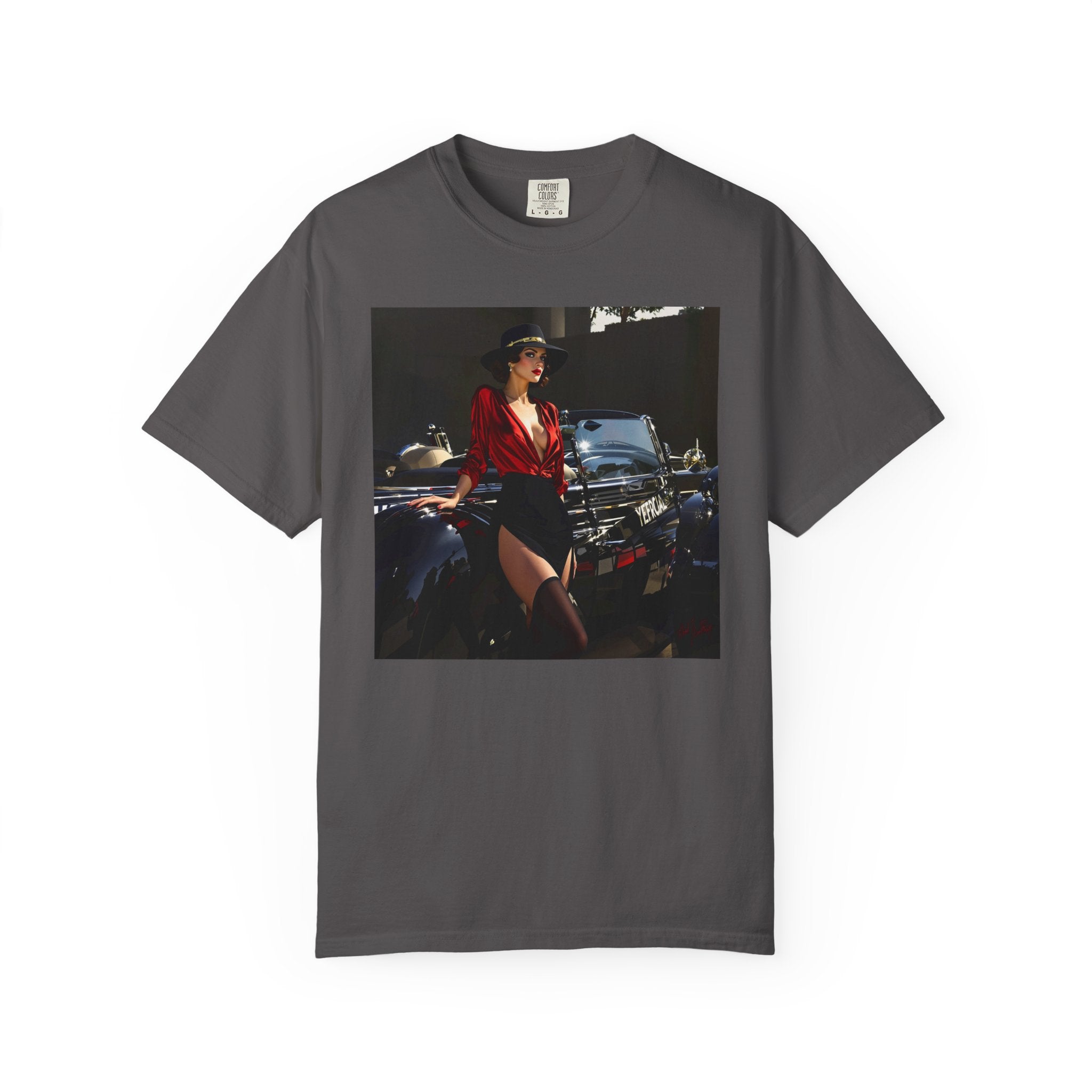 Lifestyle shot featuring Vintage Glamour T-Shirt at an outdoor gathering, capturing its casual and trendy vibe.