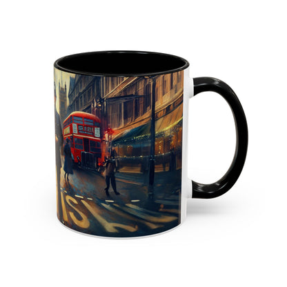 Vintage-Inspired Cityscape Accent Coffee Mug - 11oz &amp; 15oz filled with steaming coffee.