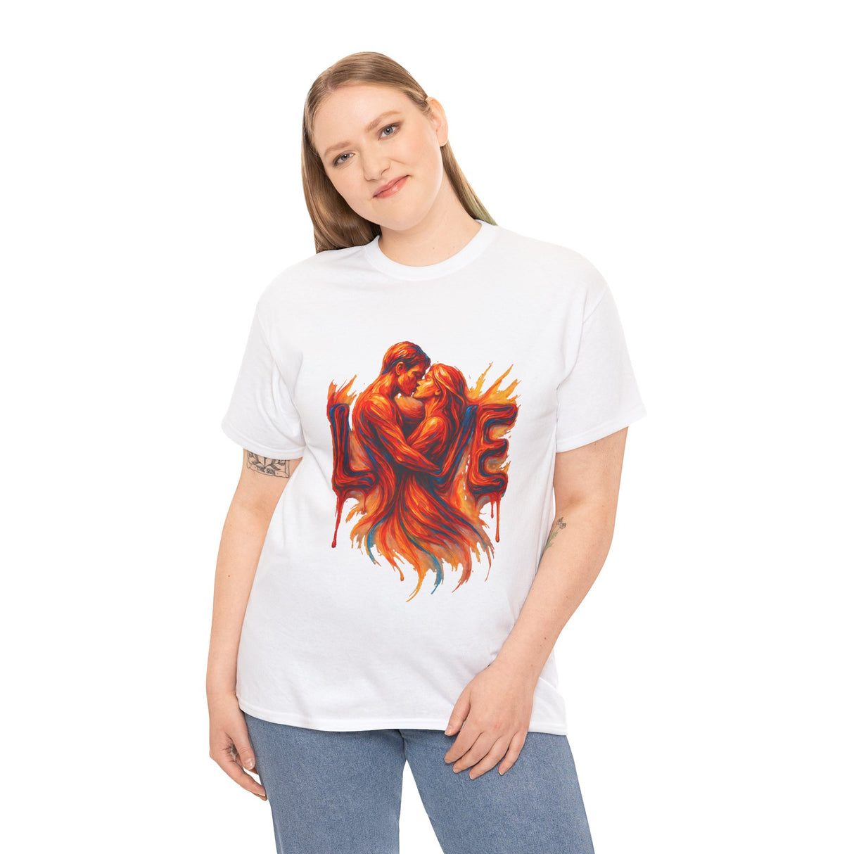 Stylish display of the Love Flames Graphic Tee — Fiery Embrace Romantic Couple T-Shirt on a hanger, showcasing design.