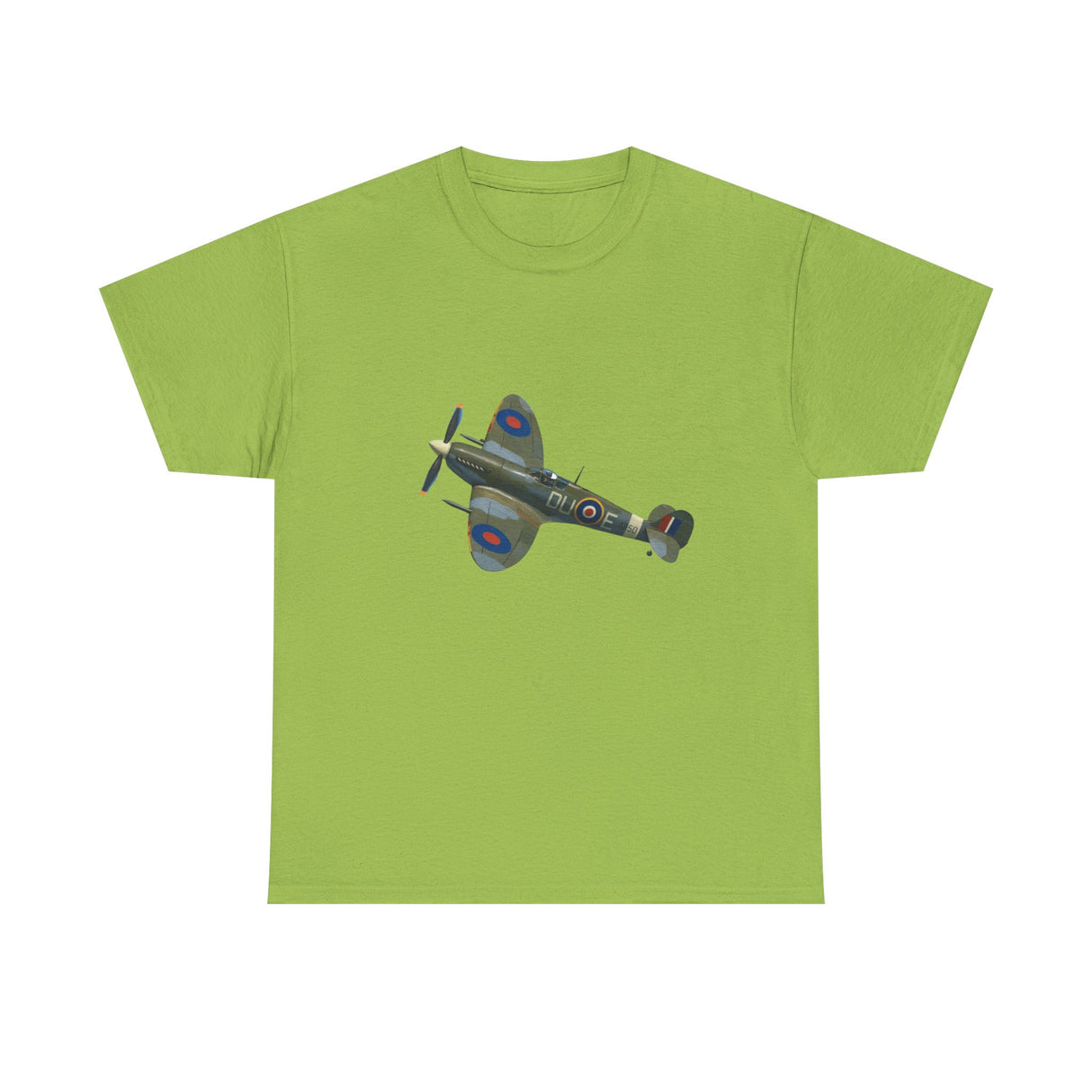 Back view of the soft cotton vintage WWII Spitfire Fighter Plane T-Shirt highlighting the ribbed collar