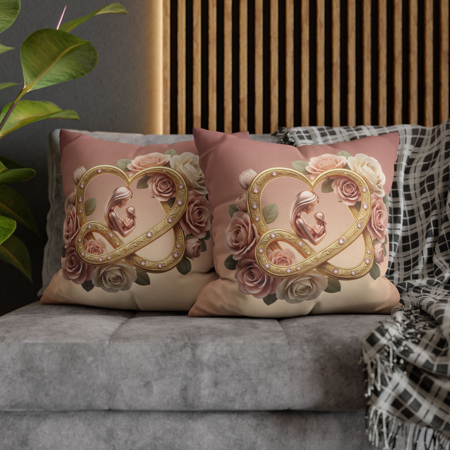 Mother &amp; Baby Heart Decorative Pillowcase — Floral Rose Infinity Design