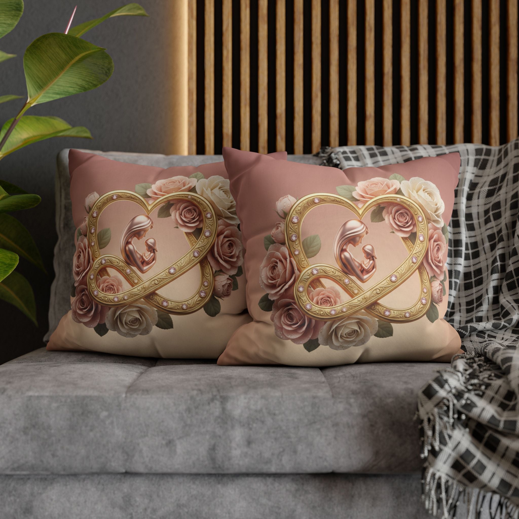 Mother &amp; Baby Heart Decorative Pillowcase — Floral Rose Infinity Design