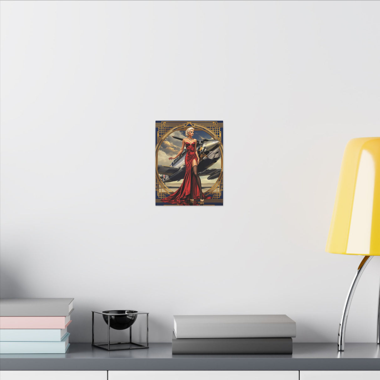 Gorgeous Aviator Pin-Up Matte Canvas Print displaying vintage charm with a glamorous woman in a red dress against a WWII plane backdrop.