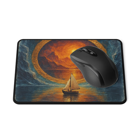 Sailing Into the Sun Gaming Mouse Pad features a vibrant print of a sailboat on a glowing sea with a warm golden sun overhead.