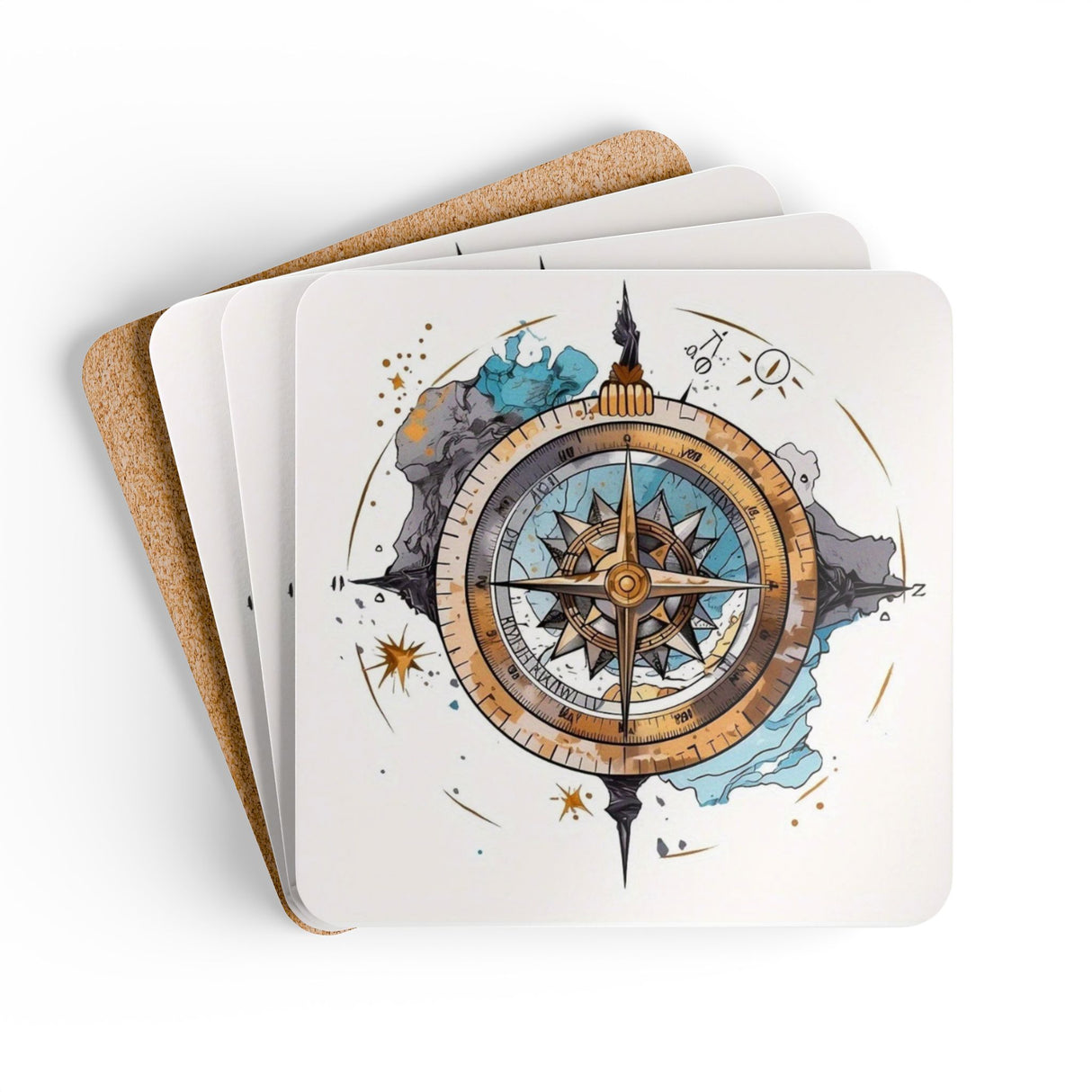 Four-piece Nautical Compass Cork Coaster Set stacked together, a great gift idea for housewarmings and special occasions.