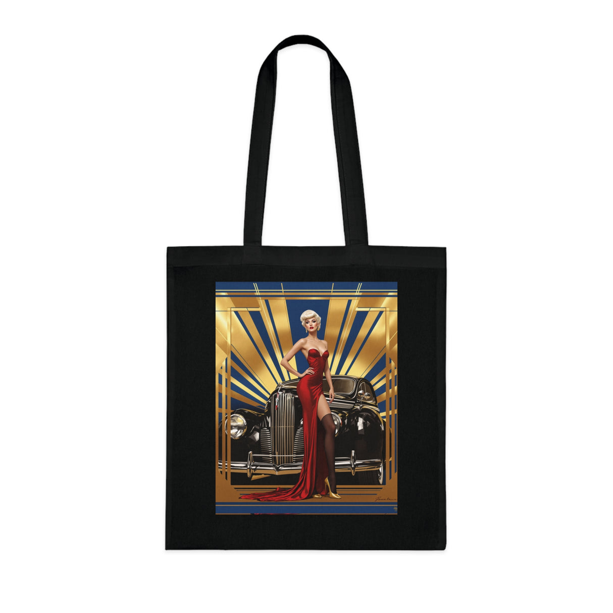 Back view of the Vintage Glamour Cotton Tote Bag with artistic print design.