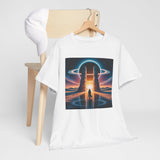 Detail of the fabric on the Sci-Fi Gateway T-Shirt with retro cosmic portal artwork.