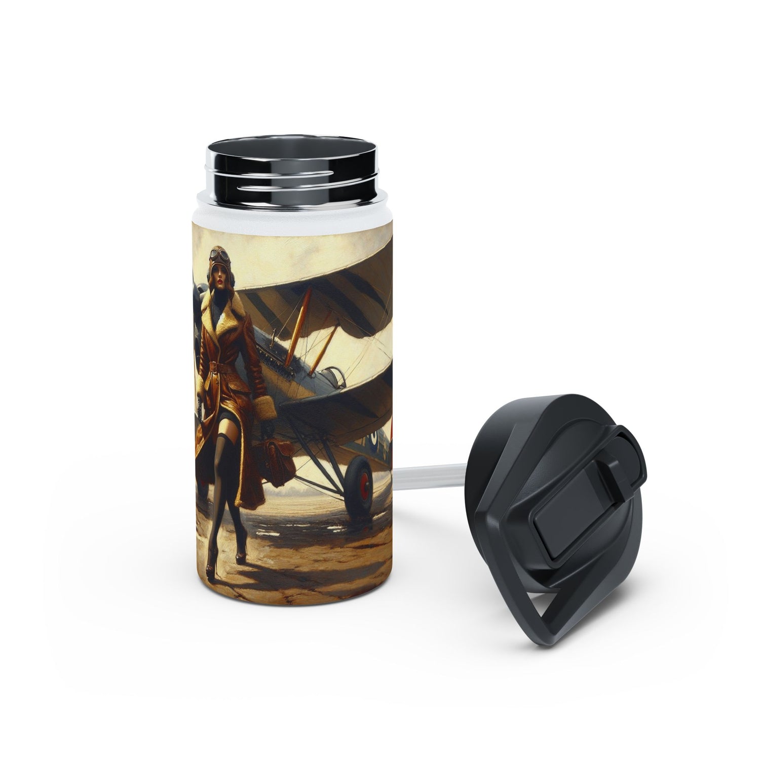 The Aviator Vintage Stainless Steel Water Bottle highlighting its BPA-free twist-on lid and double-wall insulation for the perfect adventure companion.