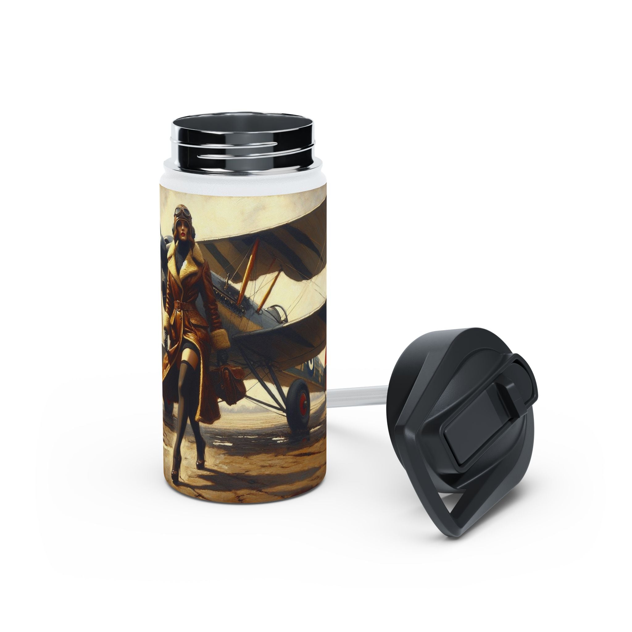 The Aviator Vintage Stainless Steel Water Bottle highlighting its BPA-free twist-on lid and double-wall insulation for the perfect adventure companion.