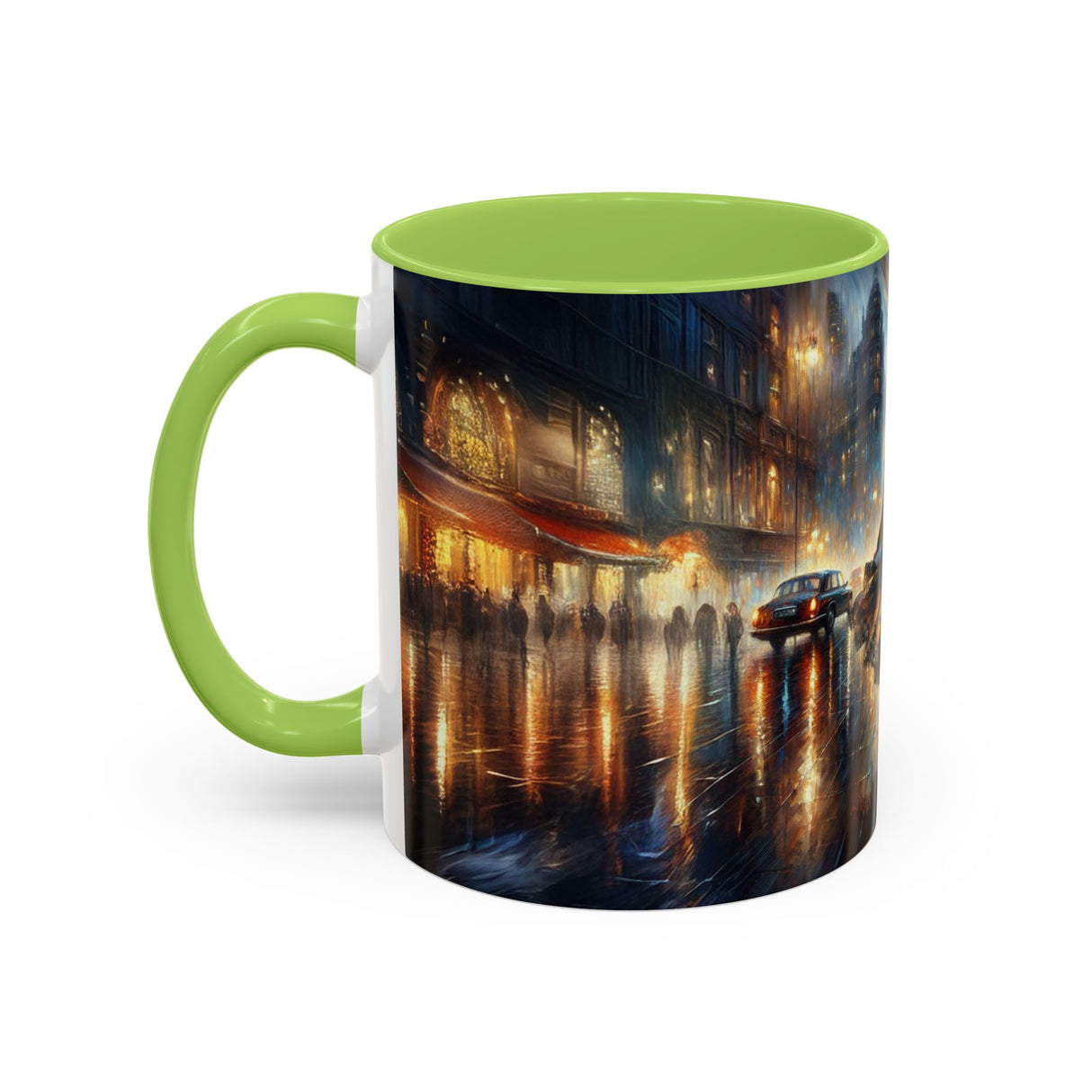 Elegant Nighttime Cityscape Coffee Mug captured on a balcony setting, inviting coffee lovers to enjoy the view.