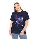 Galaxy Heart Couple T-Shirt shown on a model, featuring a romantic space silhouette design.
