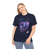 Galaxy Heart Couple T-Shirt shown on a model, featuring a romantic space silhouette design.