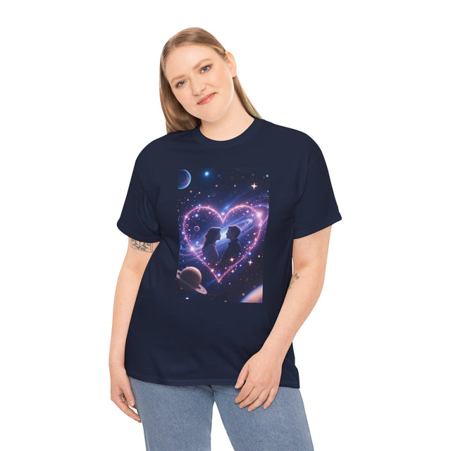 Galaxy Heart Couple T-Shirt shown on a model, featuring a romantic space silhouette design.