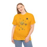 Celestial Gold Star Map T-Shirt poised on a railing, featuring its heavenly print and comfortable fit.