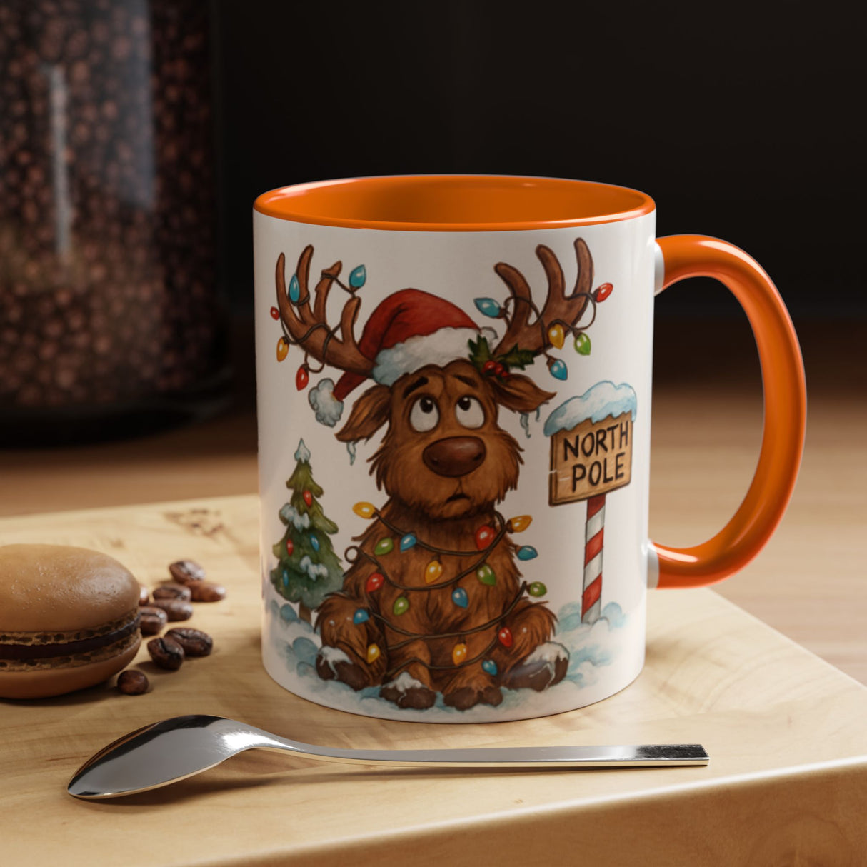 Whimsical Christmas Reindeer Coffee Mug bringing a smile during cold winter days while sipping your favorite drinks.