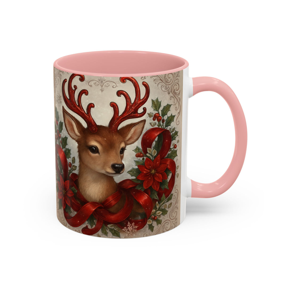 Christmas Reindeer Coffee Mug shown in a hand to demonstrate size and style, perfect for holiday gifts.