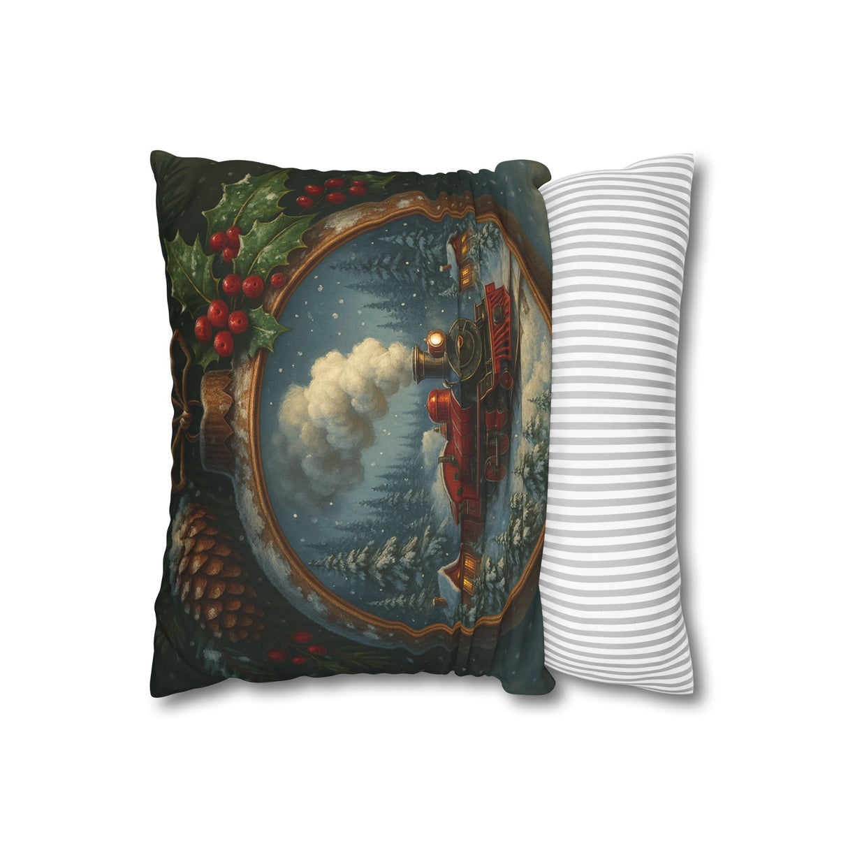 Back view of the Vintage Christmas Train Pillow - Holiday Winter Village Throw Pillowcase showcasing zipper detail.