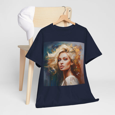 Portrait Art T-Shirt featuring a painterly blonde woman graphic tee on a classic white fabric.