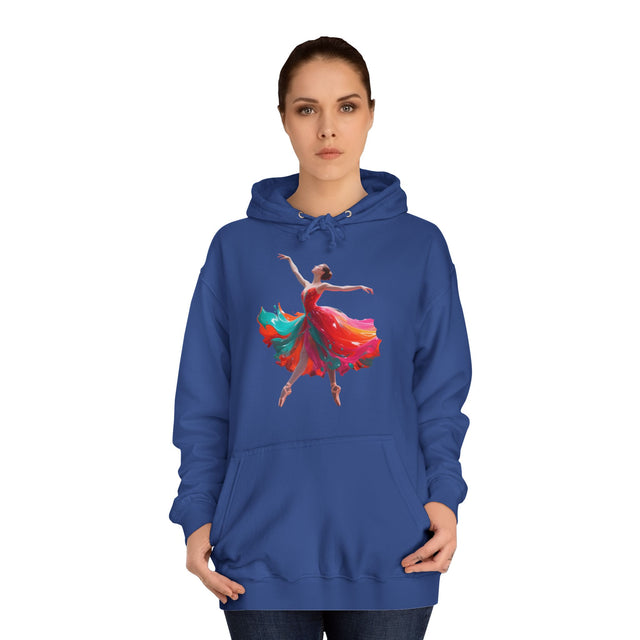 Ballet Dancer Art Hoodie displayed on model, showcasing colorful abstract dance design, perfect for casual wear.