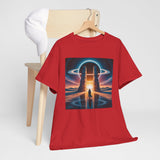 Casual outfit featuring the Sci-Fi Gateway T-Shirt with glowing portal illustration.