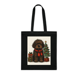 Color options of the Christmas Dog Tote Bag featuring a fluffy pup and Christmas decor.