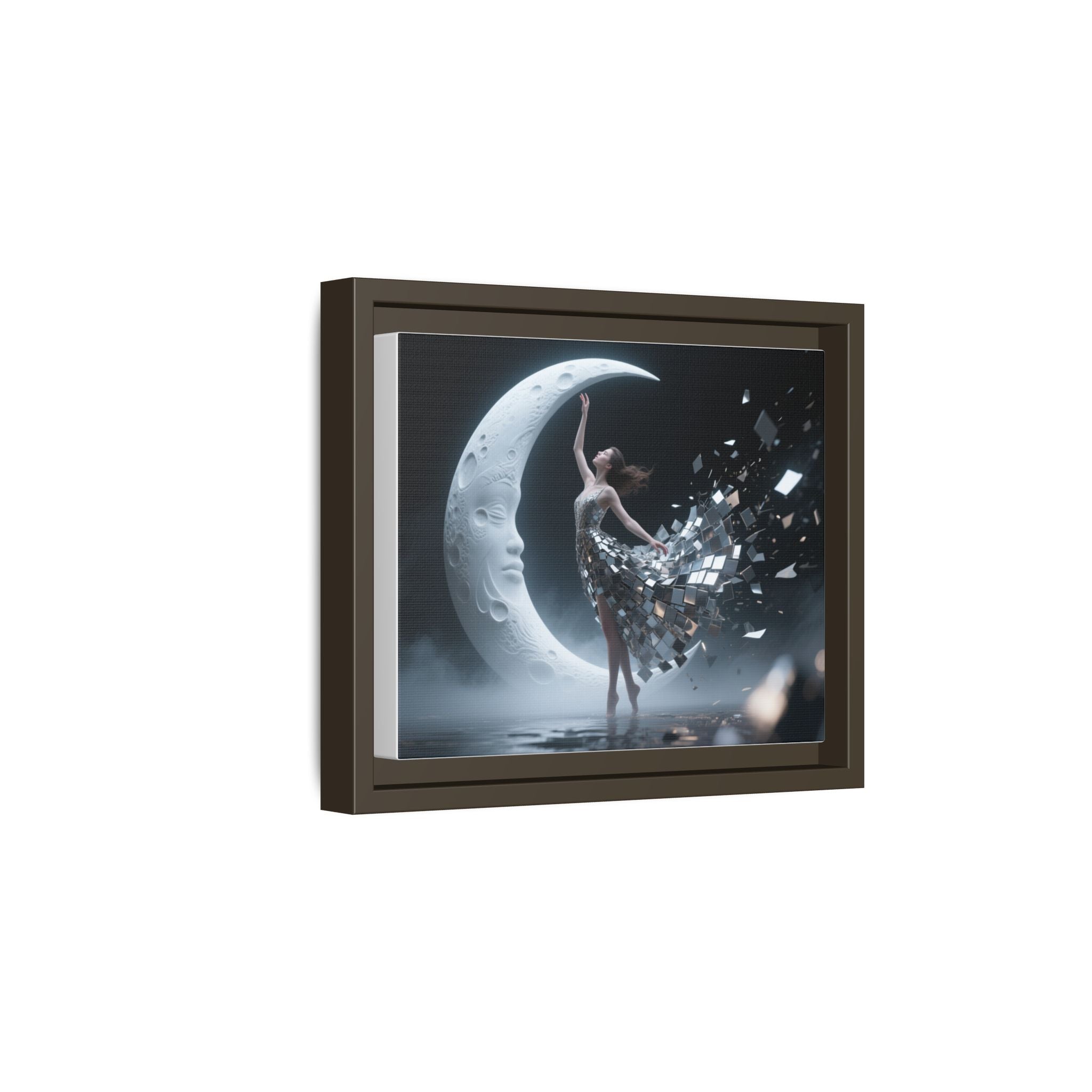 Framed Matte Canvas Art — Dancer &amp; Moon Surreal Wall Decor showcasing the dreamlike quality of dance and lunar themes.