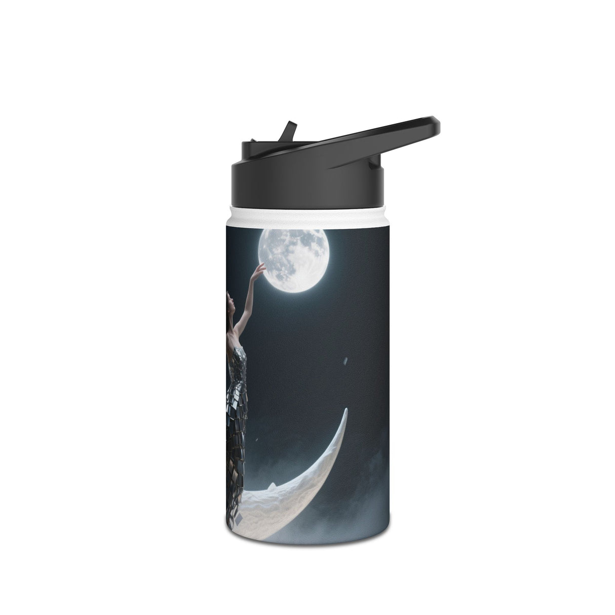 Different sizes of the Sunset Cove Stainless Steel Water Bottle featuring a stunning tropical sunset landscape.
