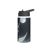 Different sizes of the Sunset Cove Stainless Steel Water Bottle featuring a stunning tropical sunset landscape.