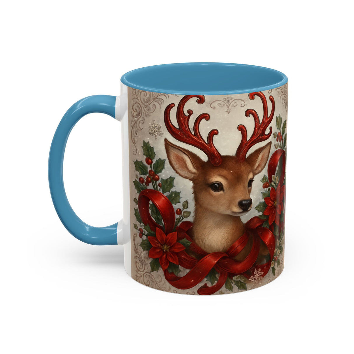 Christmas Reindeer Coffee Mug filled with coffee, perfect for cozy winter mornings.