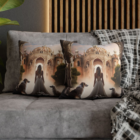 Close-up of the Fantasy Palace Pillowcase showcasing vibrant colors and double-sided print design, 16" x 16" throw pillow.