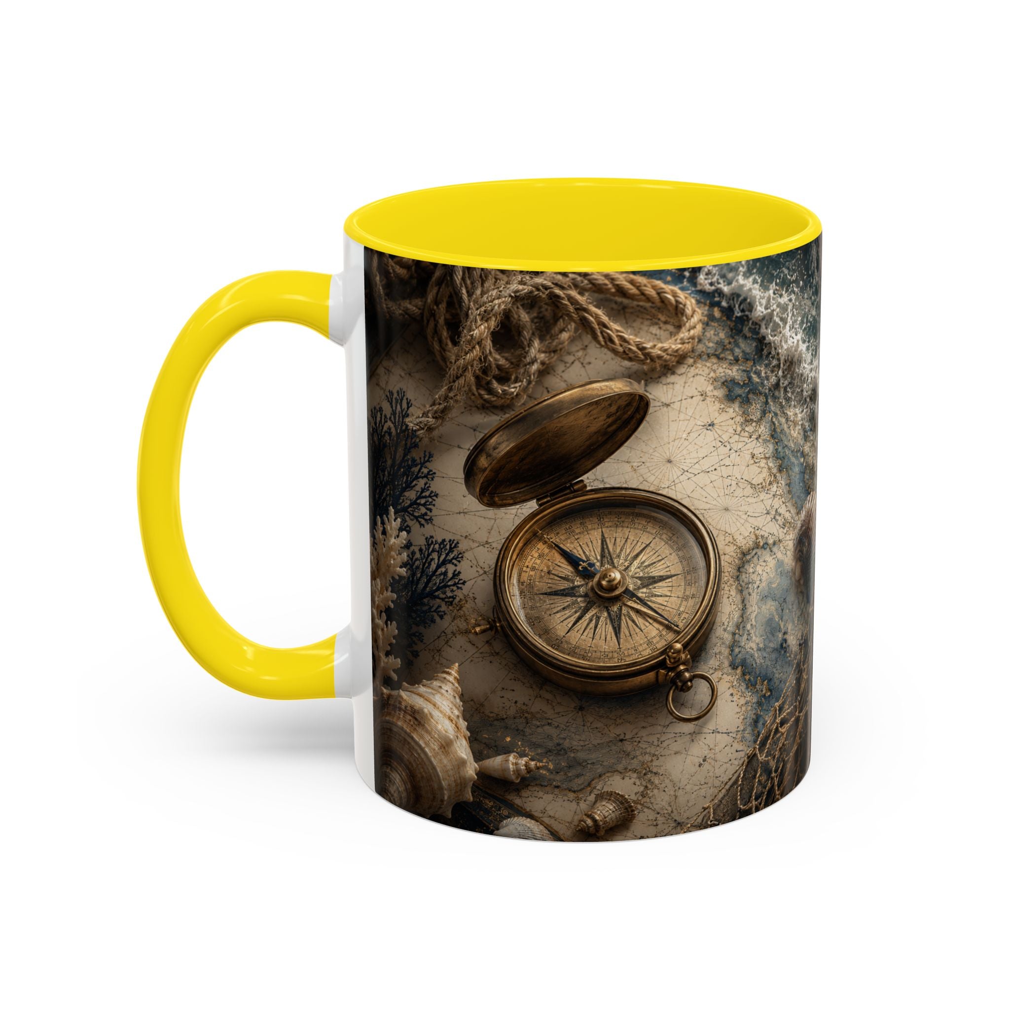 Nautical Compass Accent Coffee Mug – Vintage Sea Shells &amp; Compass Travel Design (11oz)