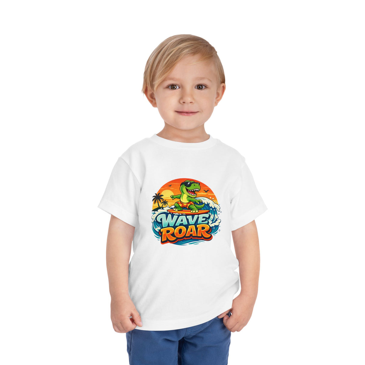 Wave Roar Toddler Tee — Dino Surf Beach Graphic Shirt