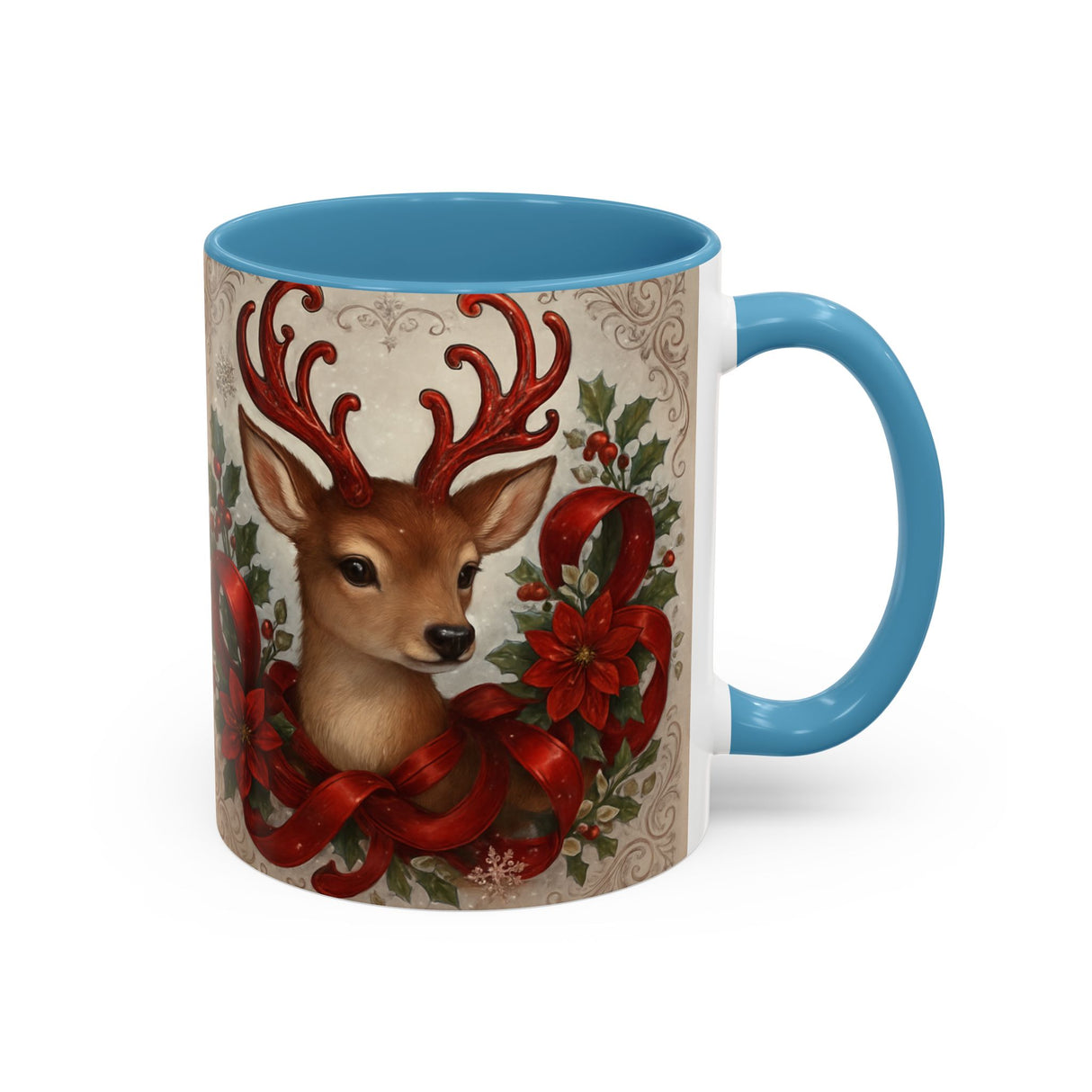 Artistic view of the Christmas Reindeer Coffee Mug with poinsettias, emphasizing its holiday aesthetic.