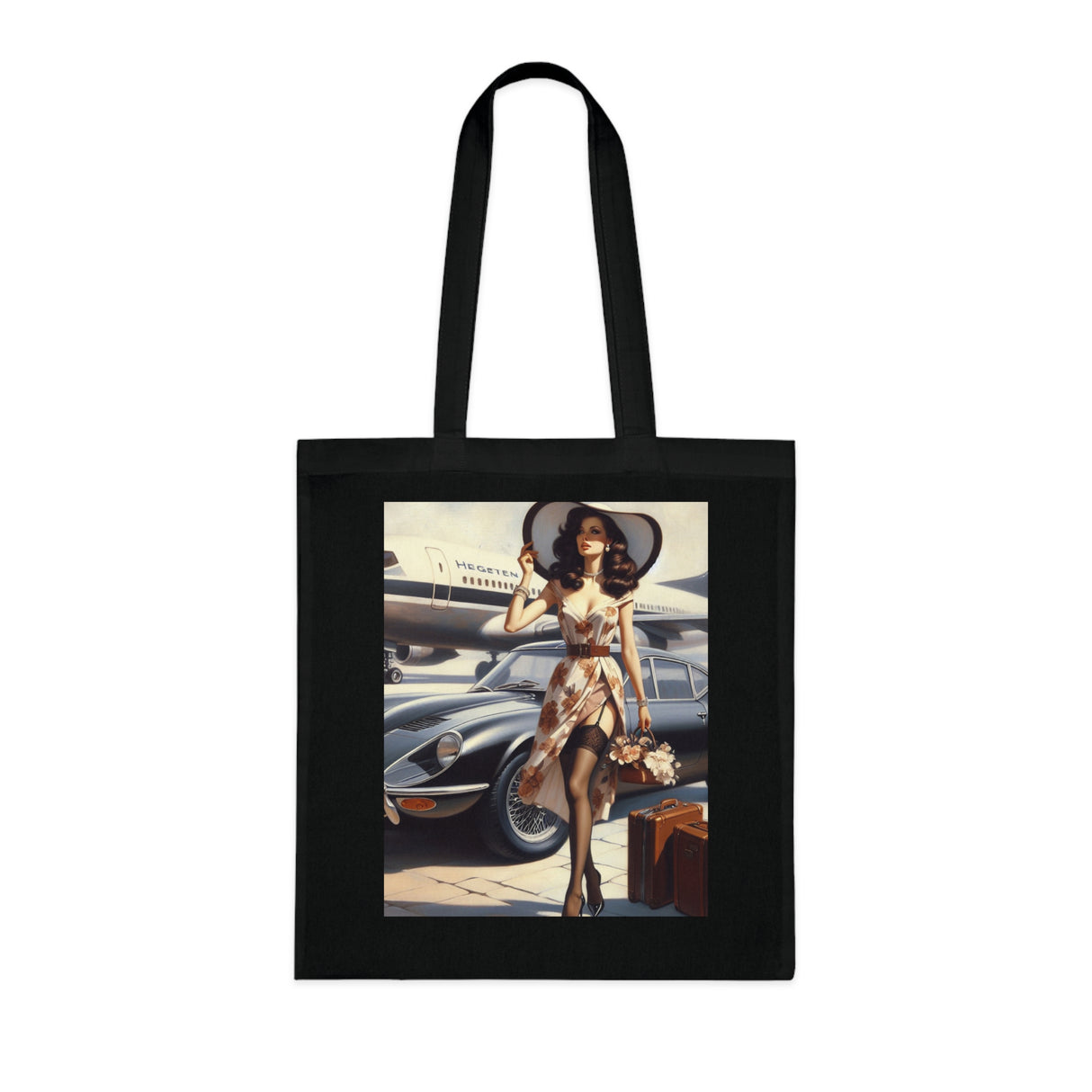 Flat lay of the Vintage Jetsetter Cotton Tote Bag, emphasizing its lightweight cotton material and chic retro style.