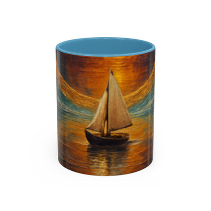 Lifestyle shot of the Sail into the Sun Ceramic Coffee Mug next to a book, emphasizing its artistic and thoughtful design.