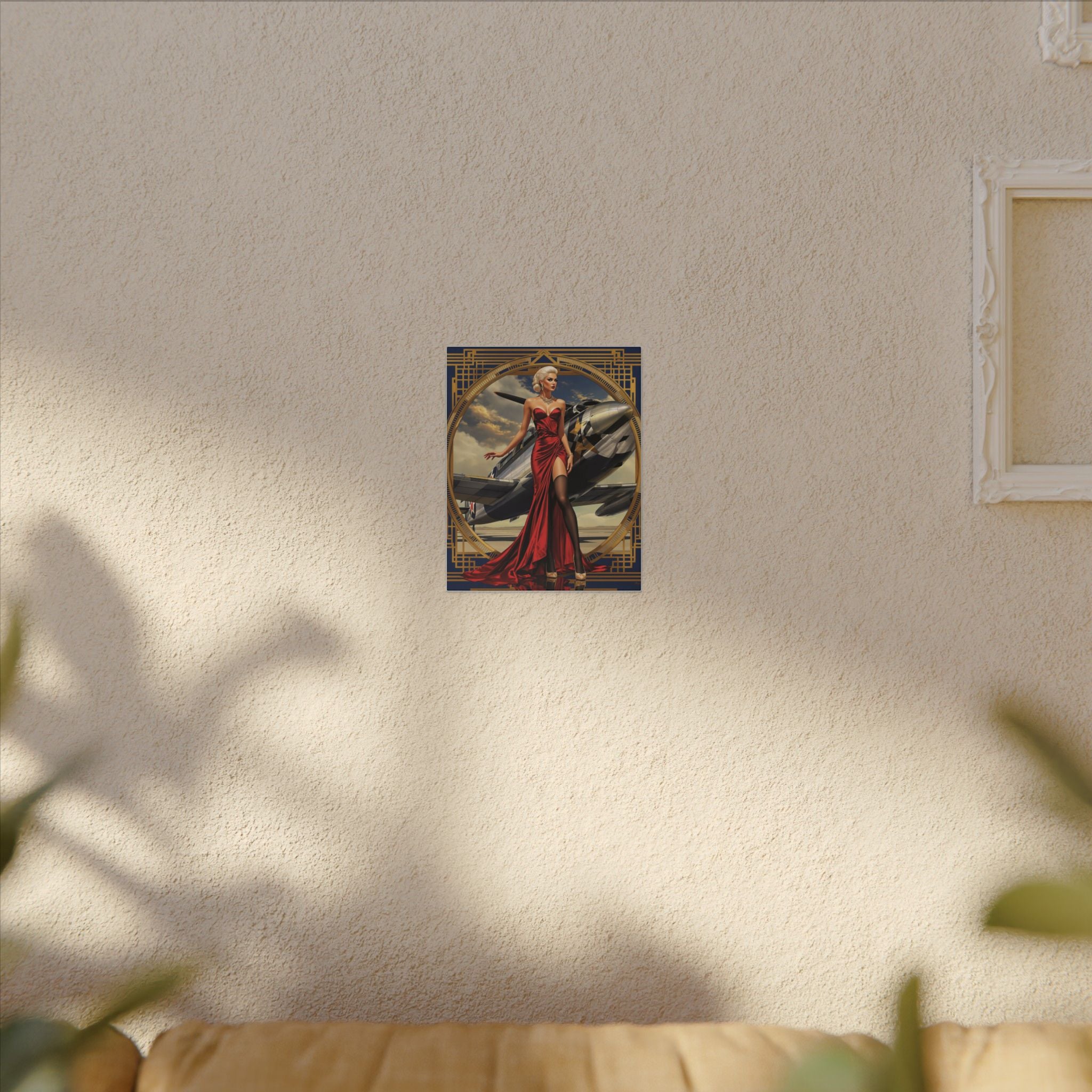 A stunning Aviator Pin-Up Matte Canvas Print of a woman in a red gown with a classic warplane, highlighting retro elegance and adventure.