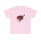 Side angle of the Lip Bite Graphic Tee highlighting the edgy red lips and snake design.