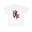 Close-up of the LOVE Couple Silhouette T-Shirt — Romantic Dripping Love Design showcasing rich reds and blues in the print.