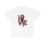 Close-up of the LOVE Couple Silhouette T-Shirt — Romantic Dripping Love Design showcasing rich reds and blues in the print.