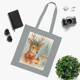 Display of the Christmas Reindeer Tote Bag's dual-sided printing featuring a reindeer and festive accessories.